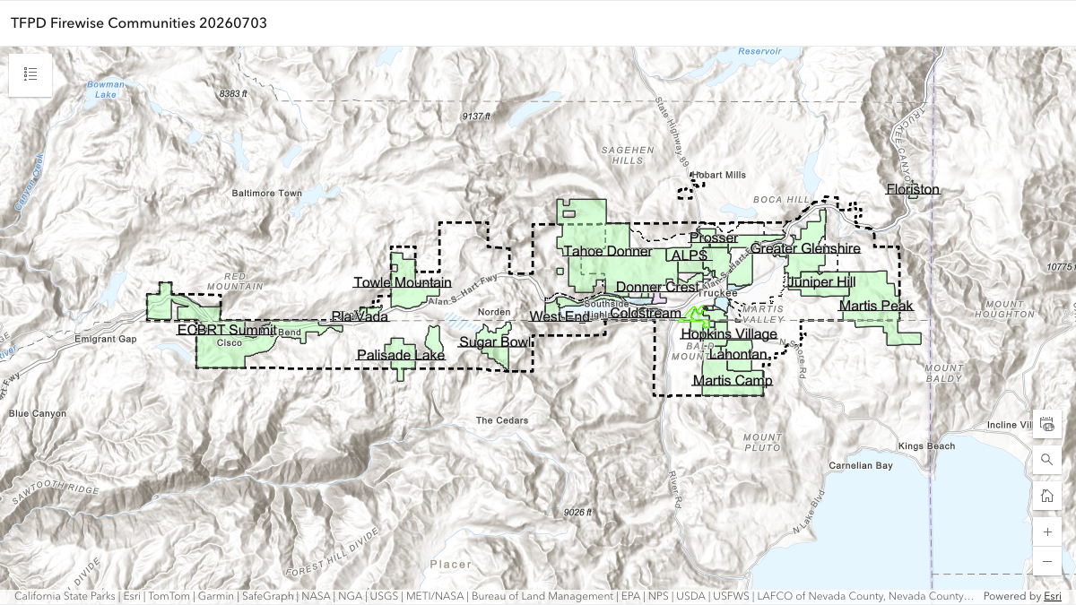 Map of recognized Firewise communities in the Truckee Fire Protection District (static snapshot)